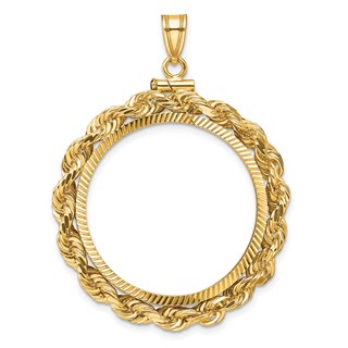Wideband Distinguished Coin Jewelry 14k Polished Rope and Diamond-cut 27.0mm x 2.35mm Screw Top Coin Bezel Pendant