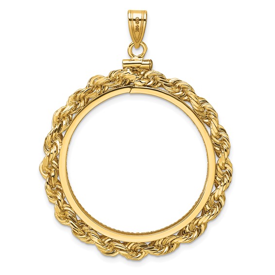 Wideband Distinguished Coin Jewelry 14k Polished Rope and Diamond-cut 30.0mm x 3.00mm Screw Top Coin Bezel Pendant