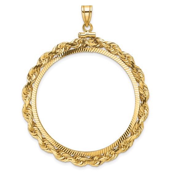 Wideband Distinguished Coin Jewelry 14k Polished Rope and Diamond-cut 37.0mm x 2.85mm Screw Top Coin Bezel Pendant
