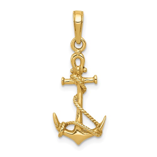 14K Yellow Gold 3-D Anchor Pendant with Shackle and Entwined Rope