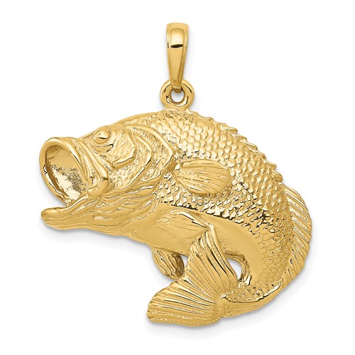 14K Yellow Gold Large Bass Fish Jumping Pendant
