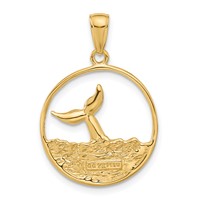14K Yellow Gold Whale Tail in Circle Pendant with Waves view 3