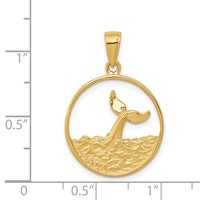 14K Yellow Gold Whale Tail in Circle Pendant with Waves view 4