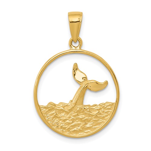 14K Yellow Gold Whale Tail in Circle Pendant with Waves