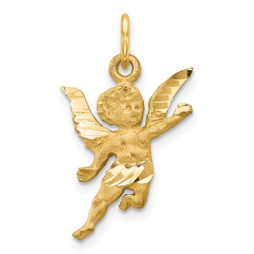 14K Yellow Gold Satin Diamond-cut Angel Charm