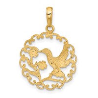 14K Yellow Gold Hummingbird Pendant with Flower Round Scalloped Frame view 3