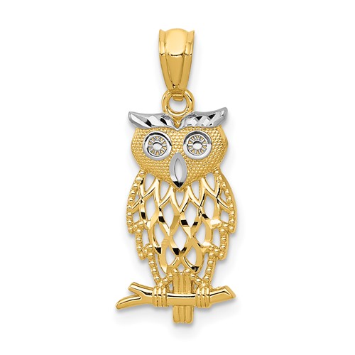 14K and White Rhodium Diamond-cut Owl Pendant