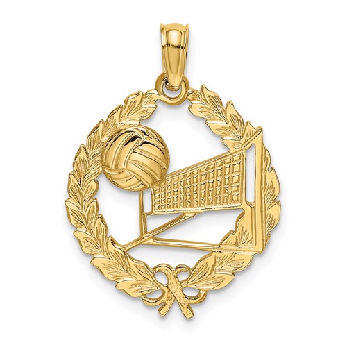 14K Yellow Gold Volleyball Story in Leaf Circle Charm