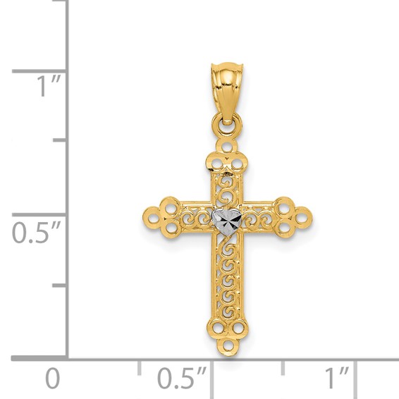 14k and White Rhodium Budded Cross with Heart Center Pendant