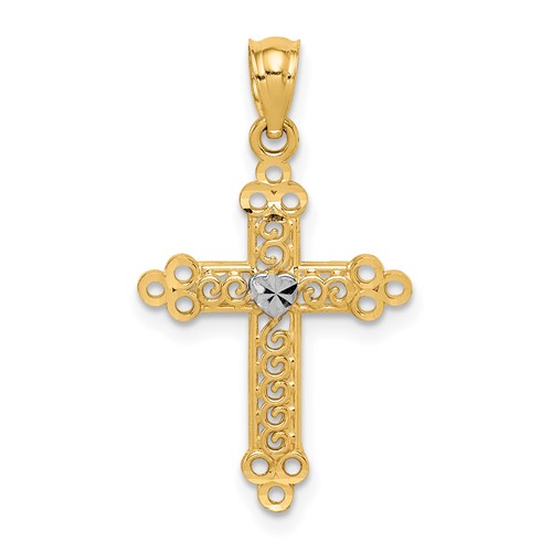 14K and White Rhodium Budded Cross Pendant with Heart Center