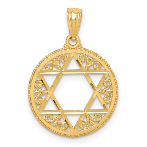 14K Yellow Gold Filigree Star of David Round Pendant