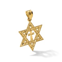14K Yellow Gold Diamond-cut Star of David Pendant with Cross view 5