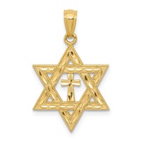 14K Yellow Gold Diamond-cut Star of David Pendant with Cross view 1