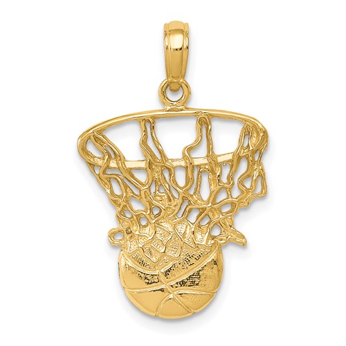 14K Yellow Gold Swoosh Basketball and Net Pendant