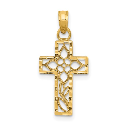 14K Yellow Gold Cut-out Flower in Diamond-cut Cross Charm