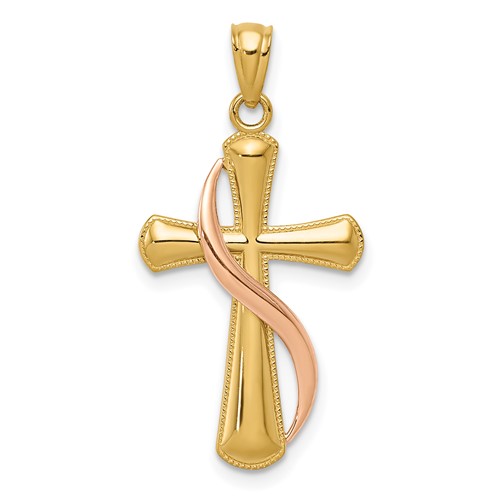 14K Two-Tone Polished Cross Pendant with Drape