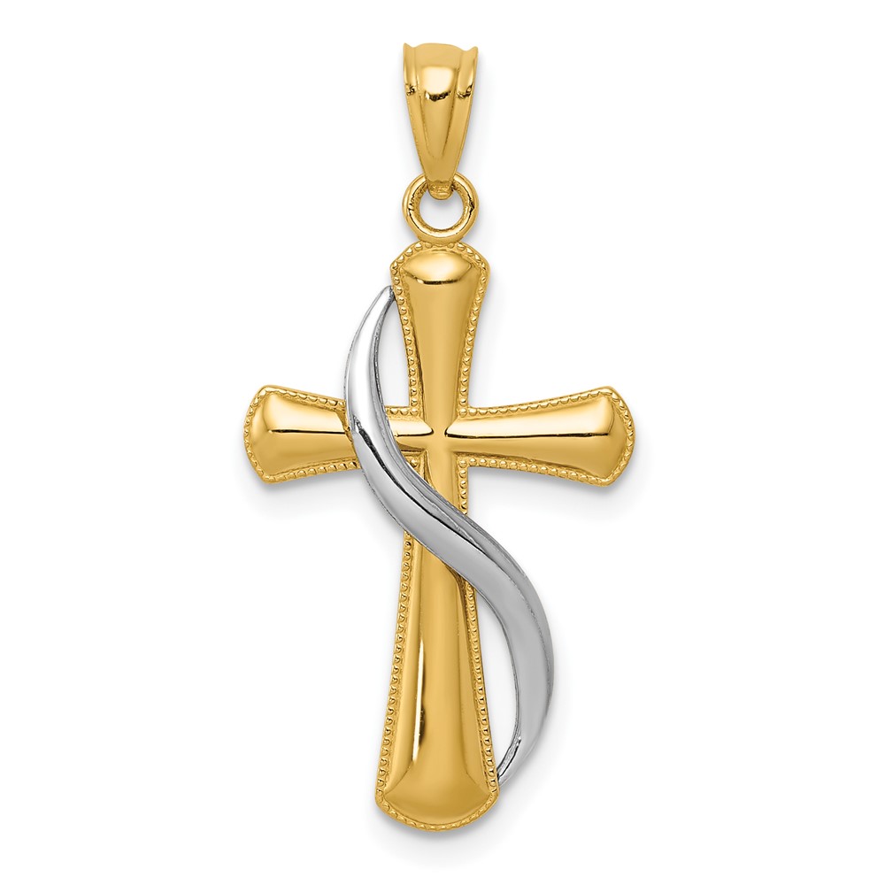 14K Two-Tone Polished Cross Pendant with Drape