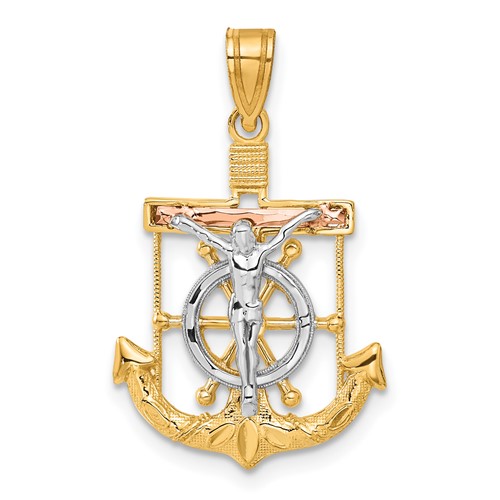 14K Tri-color Diamond-cut and Textured Mariners Crucifix Pendant