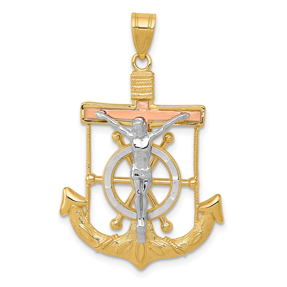 14K Tri-color Diamond-cut and Textured Mariners Crucifix Pendant