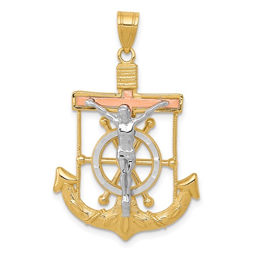 14K Tri-color Diamond-cut and Textured Mariners Crucifix Pendant