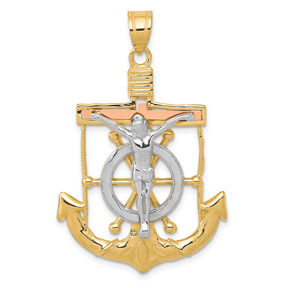 14K Tri-color Diamond-cut and Textured Mariners Crucifix Pendant