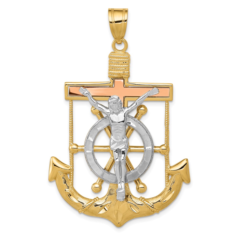 14K Tri-color Diamond-cut and Textured Mariners Crucifix Pendant