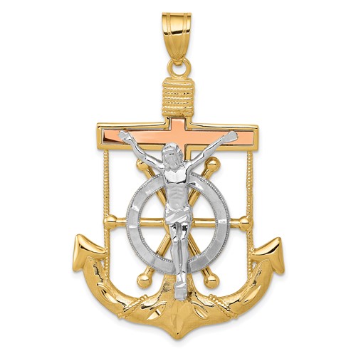 14K Tri-color Diamond-cut and Textured Mariners Crucifix Pendant