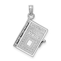 14K White Gold 3-D Holy Bible Pendant with Lord's Prayer and Moveable Pages view 1