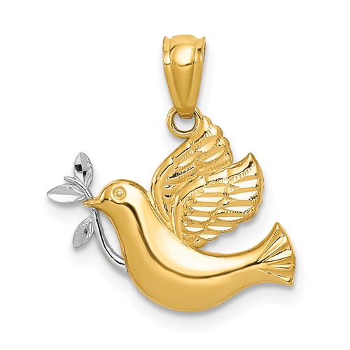 14K and White Rhodium Polished Dove Pendant with Olive Branch