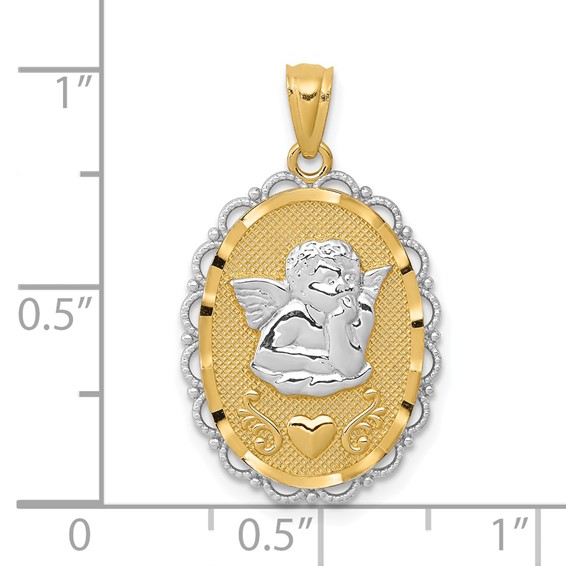 14k and White Rhodium Angel Scalloped Edge Oval Pendant