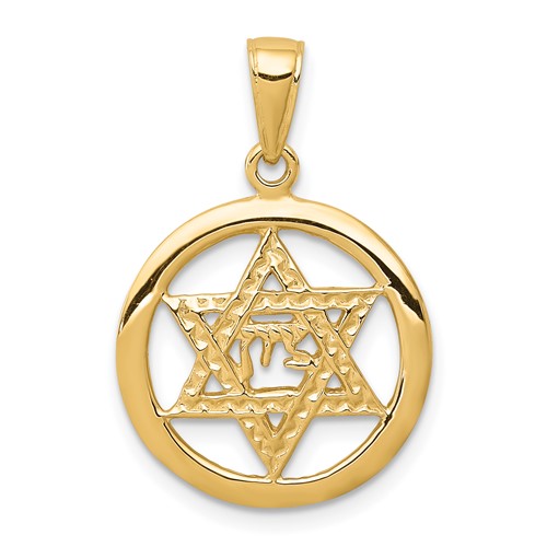 14K Yellow Gold Jewish Chai in Star of David Round Pendant