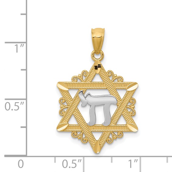 14k and White Rhodium Star of David with Chai Pendant