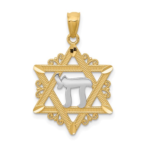 14K and White Rhodium Star of David Pendant with Chai