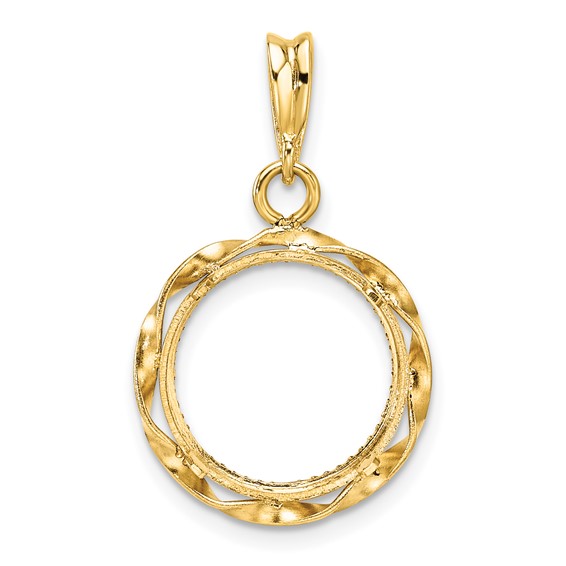 Wideband Distinguished Coin Jewelry 14k Polished Hand Twisted Ribbon and Diamond-cut 13.0mm Prong Coin Bezel Pendant