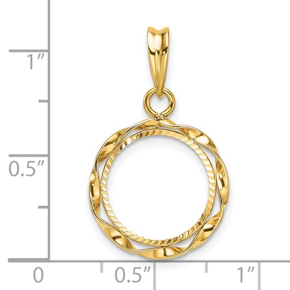 Wideband Distinguished Coin Jewelry 14k Polished Hand Twisted Ribbon and Diamond-cut 13.0mm Prong Coin Bezel Pendant