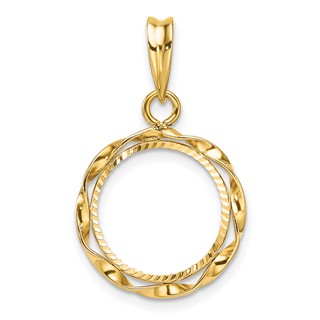 Wideband Distinguished Coin Jewelry 14k Polished Hand Twisted Ribbon and Diamond-cut 13.0mm Prong Coin Bezel Pendant