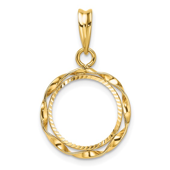 Wideband Distinguished Coin Jewelry 14k Polished Hand Twisted Ribbon and Diamond-cut 13.0mm Prong Coin Bezel Pendant