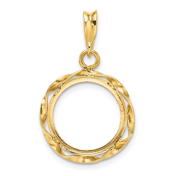 Wideband Distinguished Coin Jewelry 14k Polished Hand Twisted Ribbon and Diamond-cut 14.0mm Prong Coin Bezel Pendant