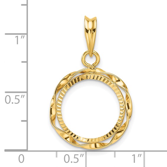 Wideband Distinguished Coin Jewelry 14k Polished Hand Twisted Ribbon and Diamond-cut 14.0mm Prong Coin Bezel Pendant