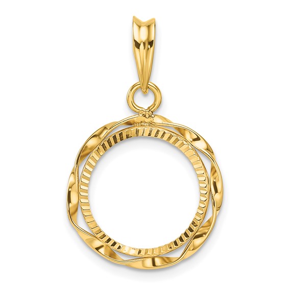 Wideband Distinguished Coin Jewelry 14k Polished Hand Twisted Ribbon and Diamond-cut 14.0mm Prong Coin Bezel Pendant