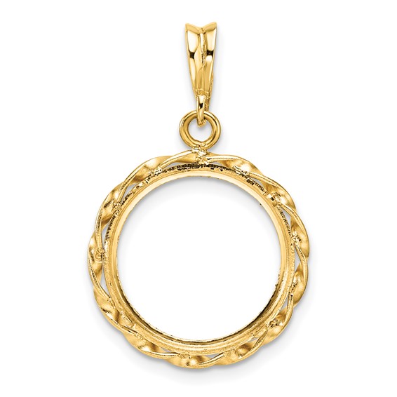 Wideband Distinguished Coin Jewelry 14k Polished Hand Twisted Ribbon and Diamond-cut 15.0mm Prong Coin Bezel Pendant