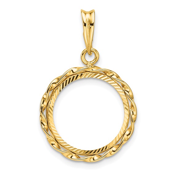 Wideband Distinguished Coin Jewelry 14k Polished Hand Twisted Ribbon and Diamond-cut 15.0mm Prong Coin Bezel Pendant