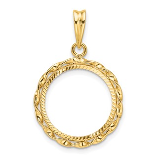 Wideband Distinguished Coin Jewelry 14k Polished Hand Twisted Ribbon and Diamond-cut 16.0mm Prong Coin Bezel Pendant