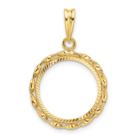 Wideband Distinguished Coin Jewelry 14k Polished Hand Twisted Ribbon and Diamond-cut 16.0mm Prong Coin Bezel Pendant