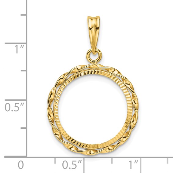 Wideband Distinguished Coin Jewelry 14k Polished Hand Twisted Ribbon and Diamond-cut 16.5mm Prong Coin Bezel Pendant
