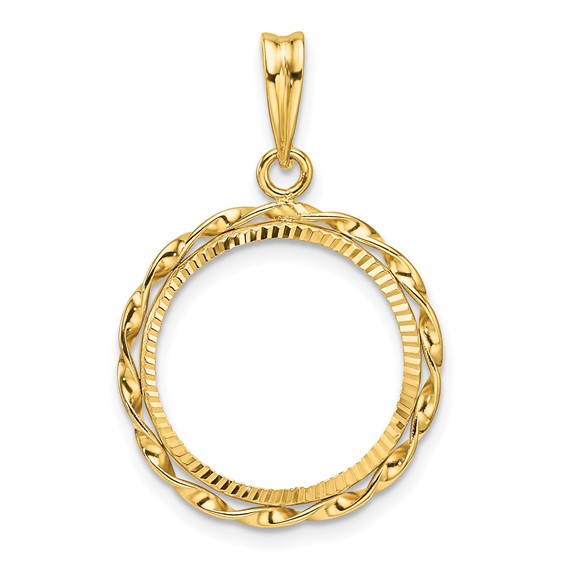 Wideband Distinguished Coin Jewelry 14k Polished Hand Twisted Ribbon and Diamond-cut 16.5mm Prong Coin Bezel Pendant