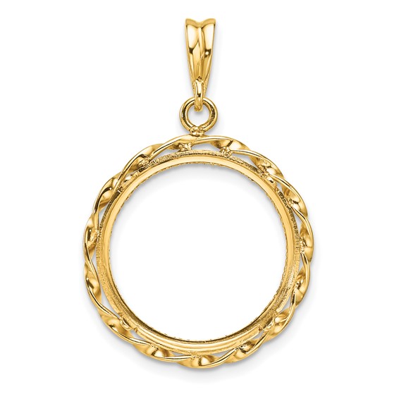 Wideband Distinguished Coin Jewelry 14k Polished Hand Twisted Ribbon and Diamond-cut 17.8mm Prong Coin Bezel Pendant