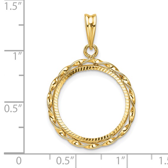 Wideband Distinguished Coin Jewelry 14k Polished Hand Twisted Ribbon and Diamond-cut 17.8mm Prong Coin Bezel Pendant
