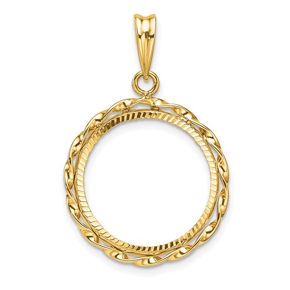 Wideband Distinguished Coin Jewelry 14k Polished Hand Twisted Ribbon and Diamond-cut 17.8mm Prong Coin Bezel Pendant