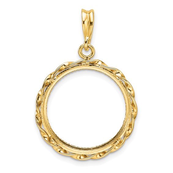 Wideband Distinguished Coin Jewelry 14k Polished Hand Twisted Ribbon and Diamond-cut 18.0mm Prong Coin Bezel Pendant